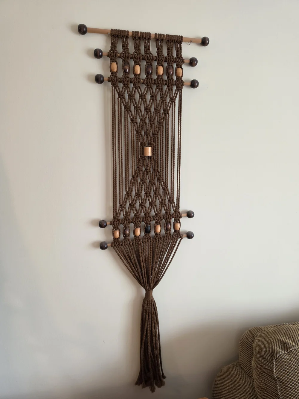 Handcrafted Brown Macramé Wall Hanging with Wooden Beads